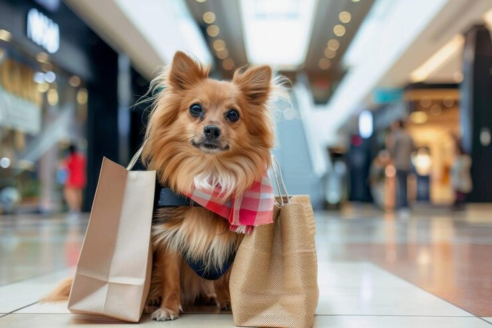 Petit chien roux au foulard à carreaux, assis entre deux sacs de magasinage