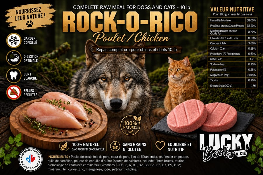 Emballage de la recette Rock-O-Rico de Lucky Bones, au poulet