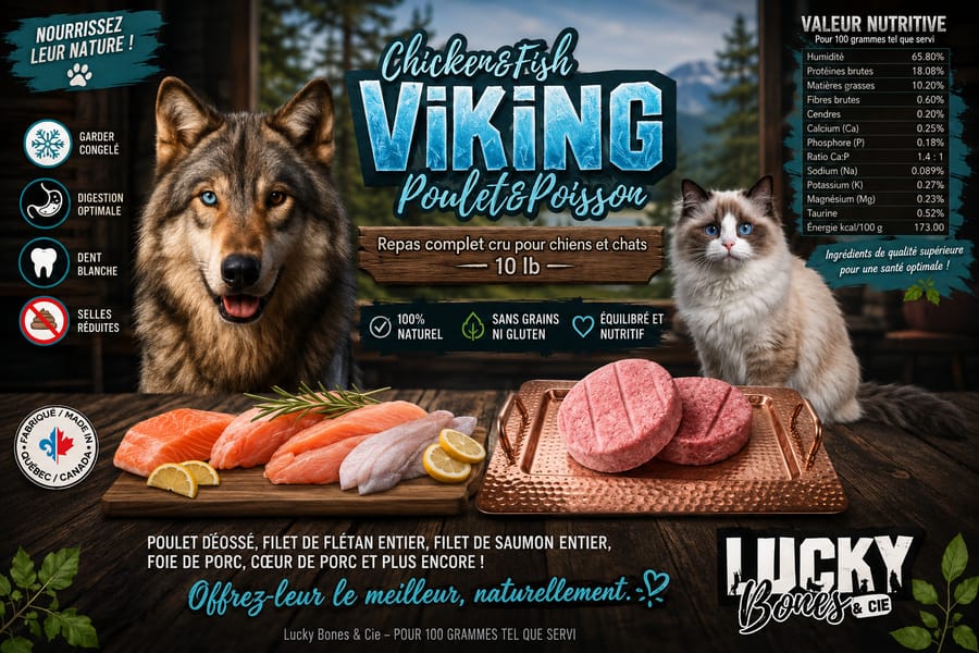 Emballage de la recette Viking de Lucky Bones, poulet et poisson